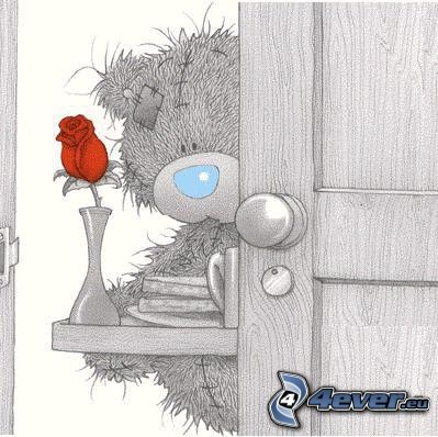 miś z kwiatami, róża, drzwi