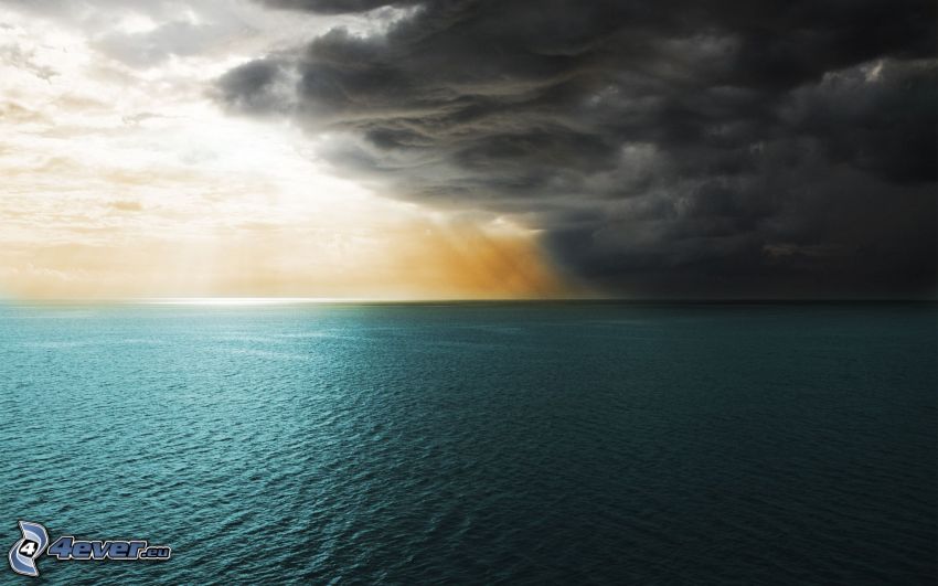 morze, burza, chmury, promienie słoneczne