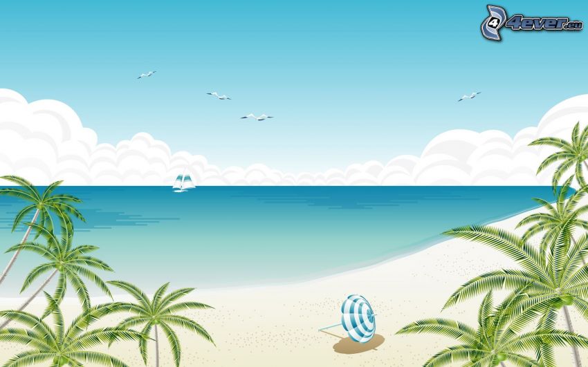 morze, plaża piaszczysta, łódź na morzu, parasol przeciwsłoneczny, palmy, mewy, chmury