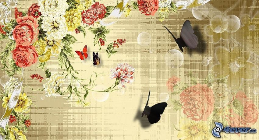 Motyle, rysunkowe, kwiaty