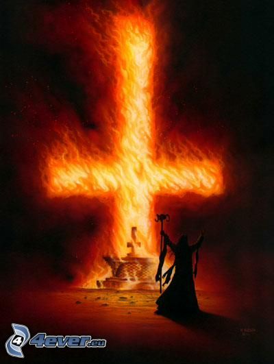 krzyż, ogień, płomienie, diabeł