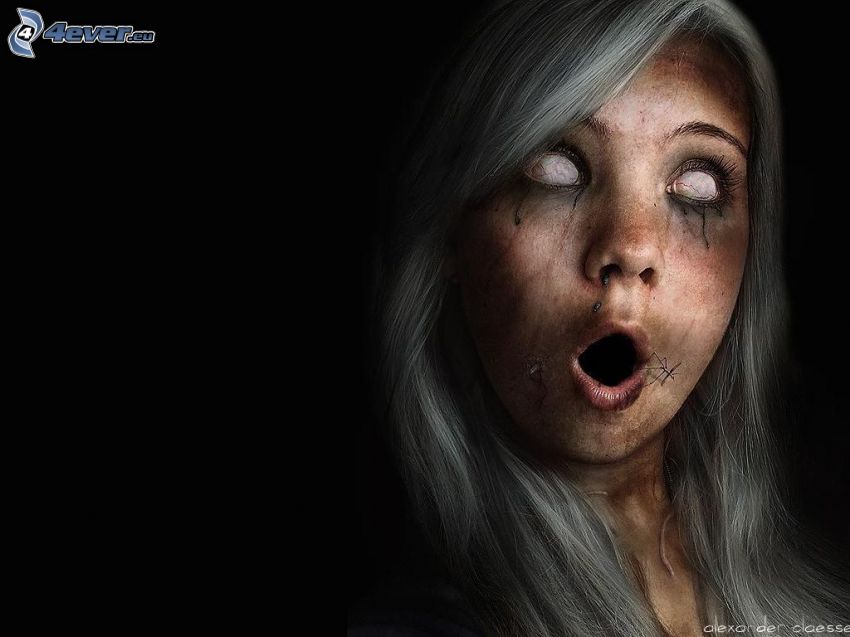 mroczna dziewczyna, zombie, siwe włosy
