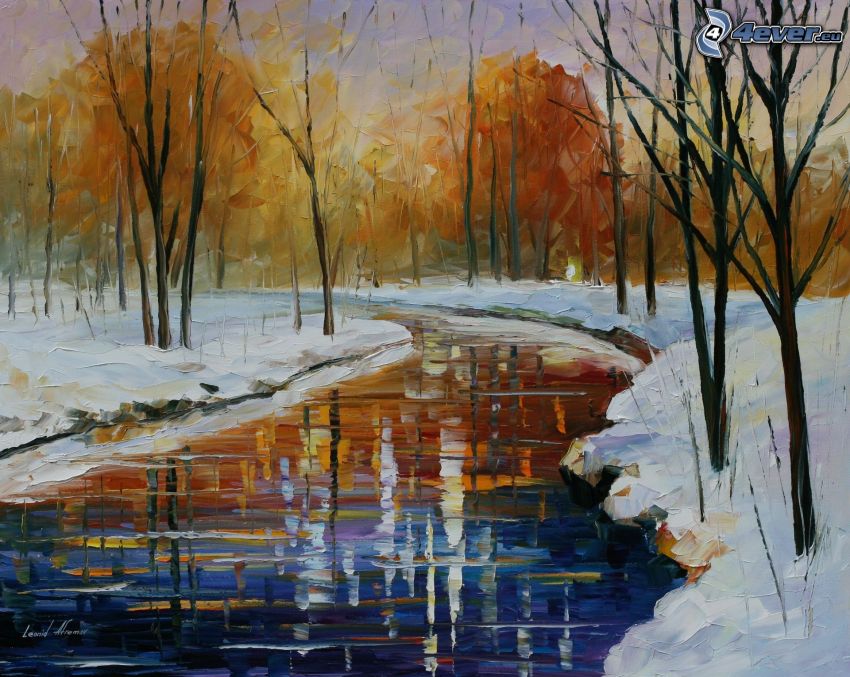 obraz olejny, rzeka, drzewa, śnieg