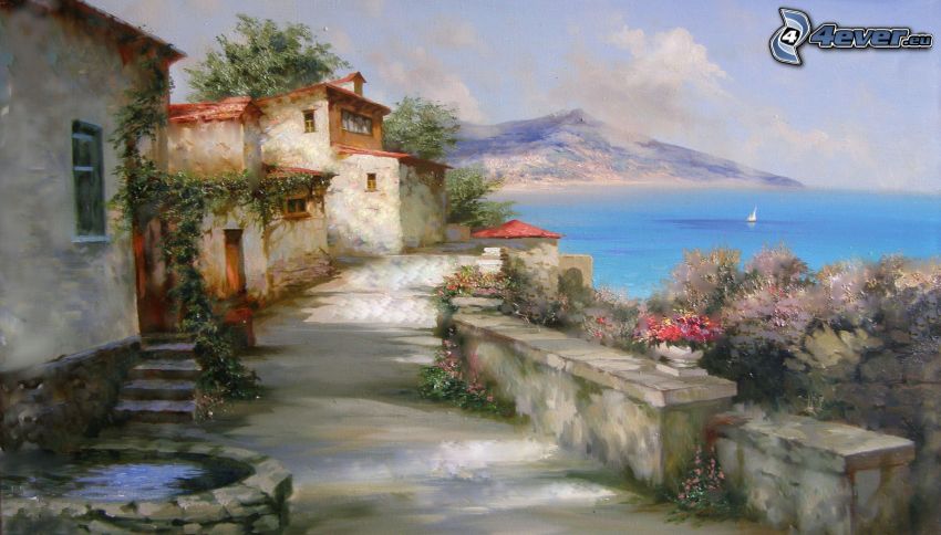 domki nad morzem, chodnik, morze, malowidło