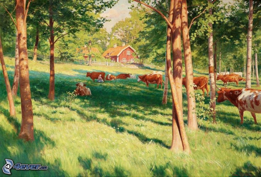 krowy, drzewa, trawa, dom, malowidło