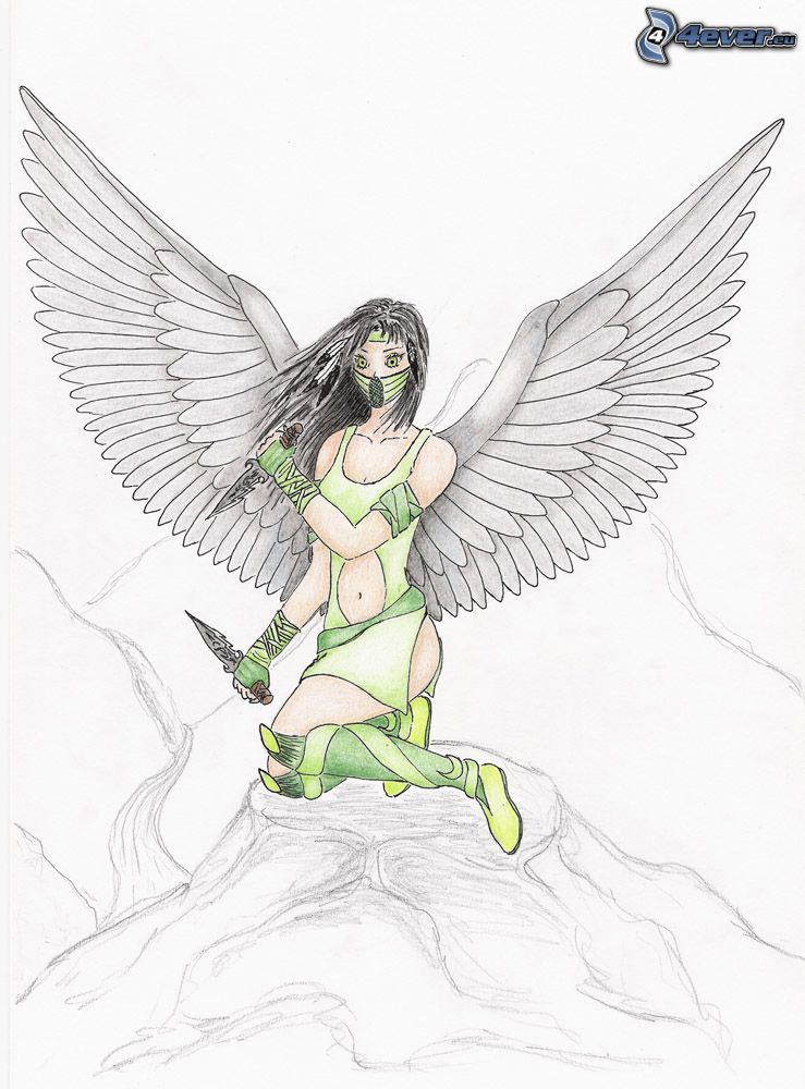 rysowany anioł, kobieta narysowana, sztylety
