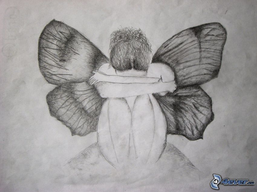 rysowany anioł, motyl