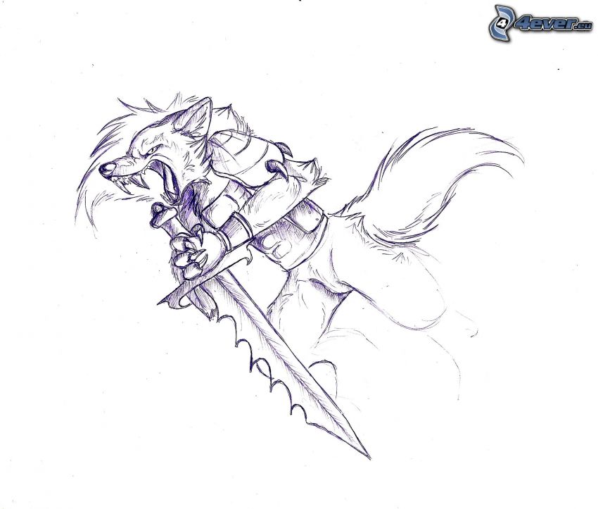 wilkołak, wilk rysunkowy, miecz, szkic piórem