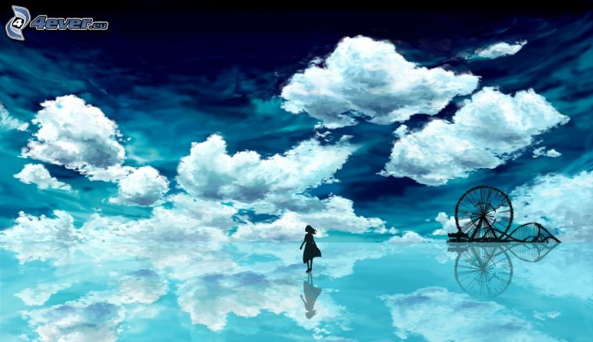 rysowana dziewczynka, chmury, niebo