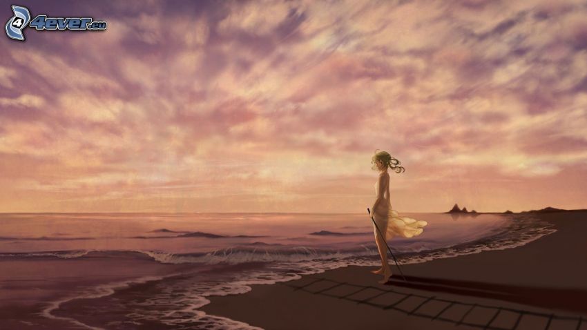 rysowana dziewczynka, morze, plaża piaszczysta, po zachodzie słońca, chmury