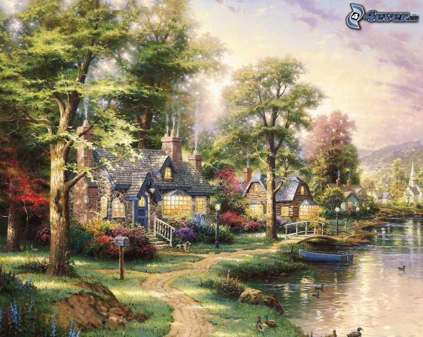 rysunkowy krajobraz, rzeka, domy, łódka