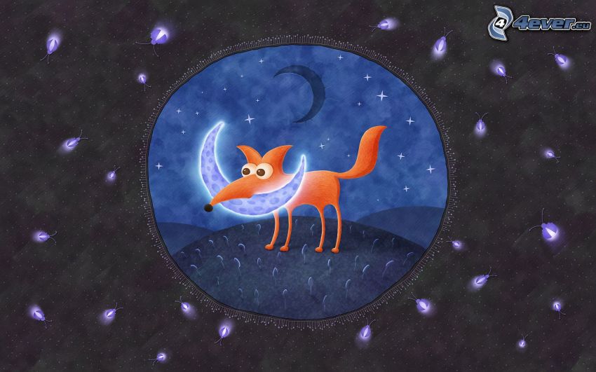 rysunkowy lis, księżyc