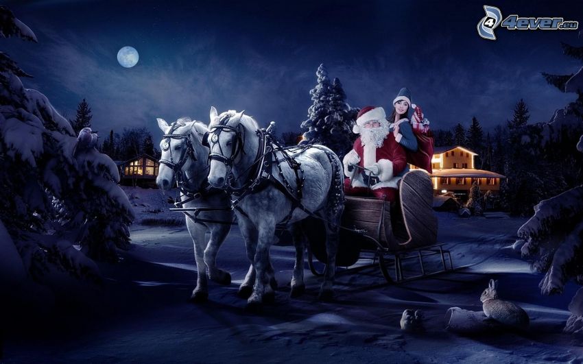 Santa Claus, sanie, noc