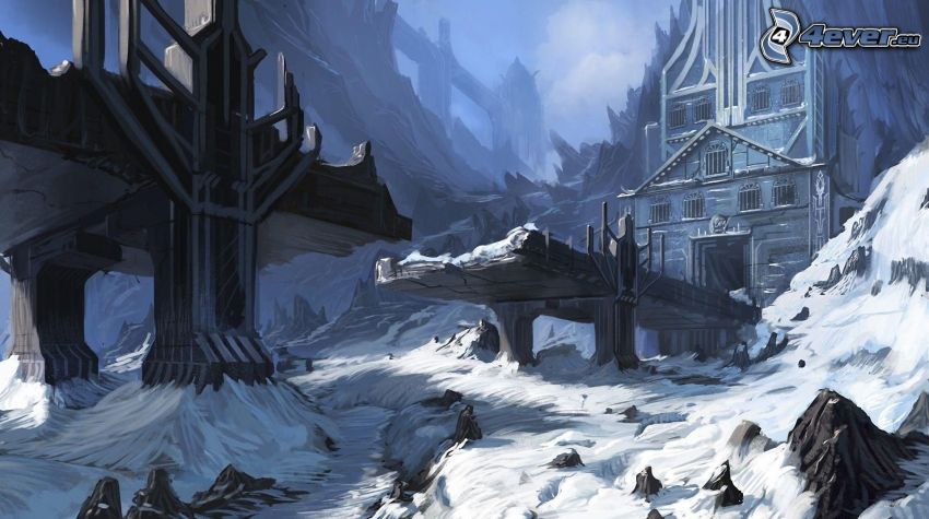 śnieżny krajobraz, rysunkowy krajobraz, zniszczony most