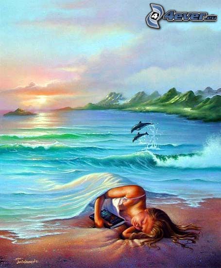 spanie, morze, kocyk, delfiny, zachód słońca nad morzem