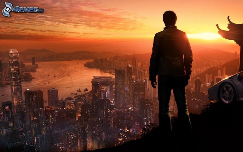 sylwetka mężczyzny, widok na miasto, Hong Kong, zachód słońca, wieczór