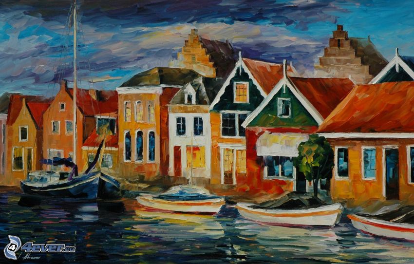 wioska rysunkowa, łodzie na brzegu, domki, obraz olejny