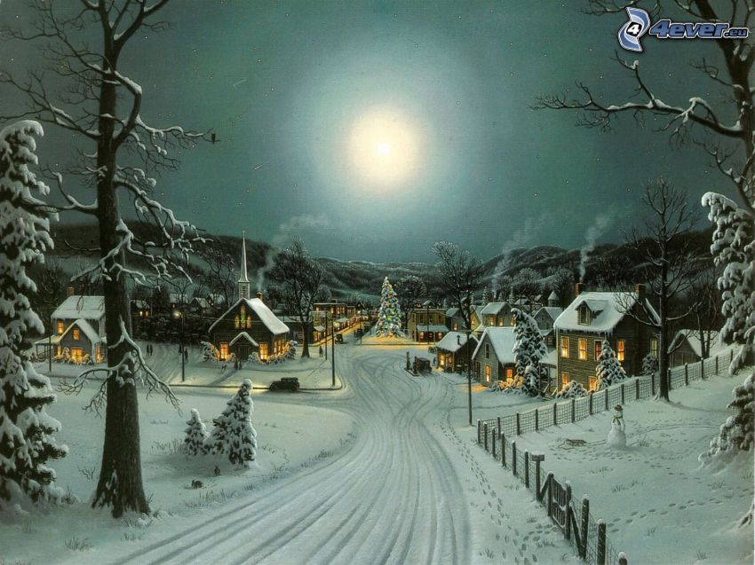 zaśnieżona wieś, ulica, księżyc
