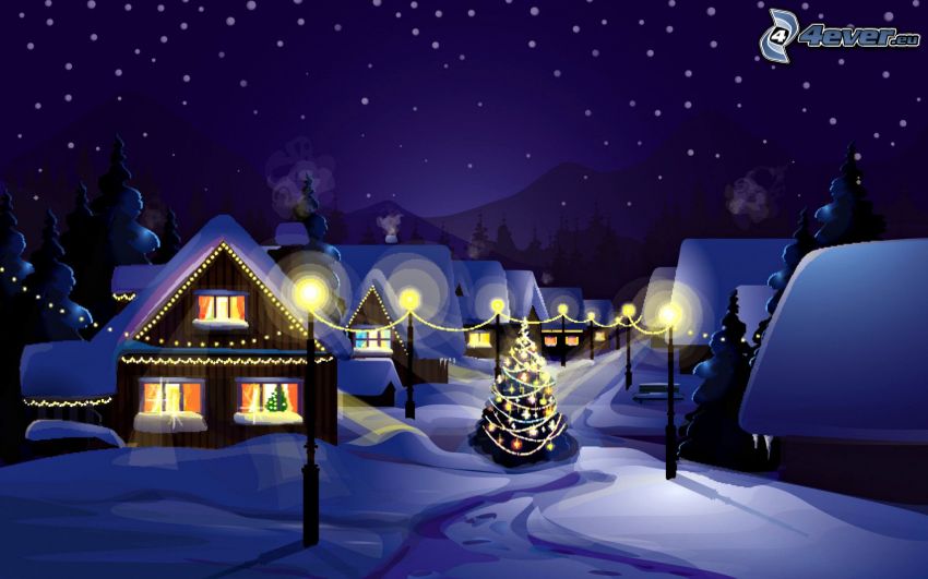 zaśnieżona wieś, uliczne oświetlenie, choinka, noc