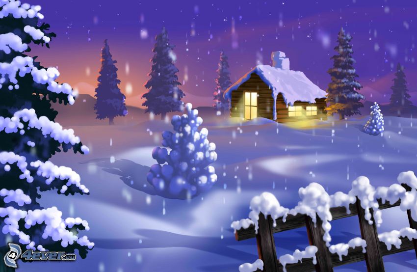 zaśnieżony domek, śnieżny krajobraz, drewniany płot