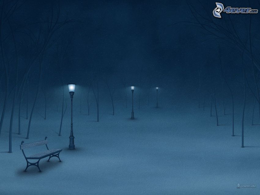 zaśnieżony park, noc, mgła, ławeczka, lampy