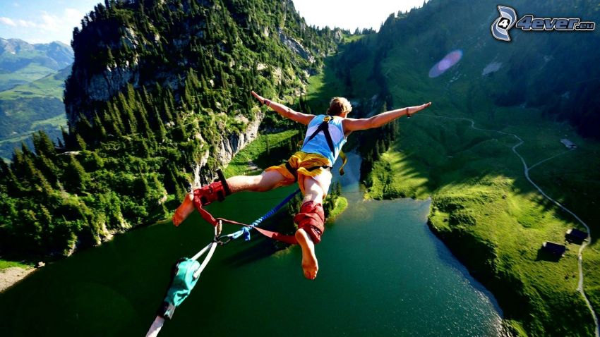 Bungee jumping, swobodne spadanie, rzeka, krajobraz