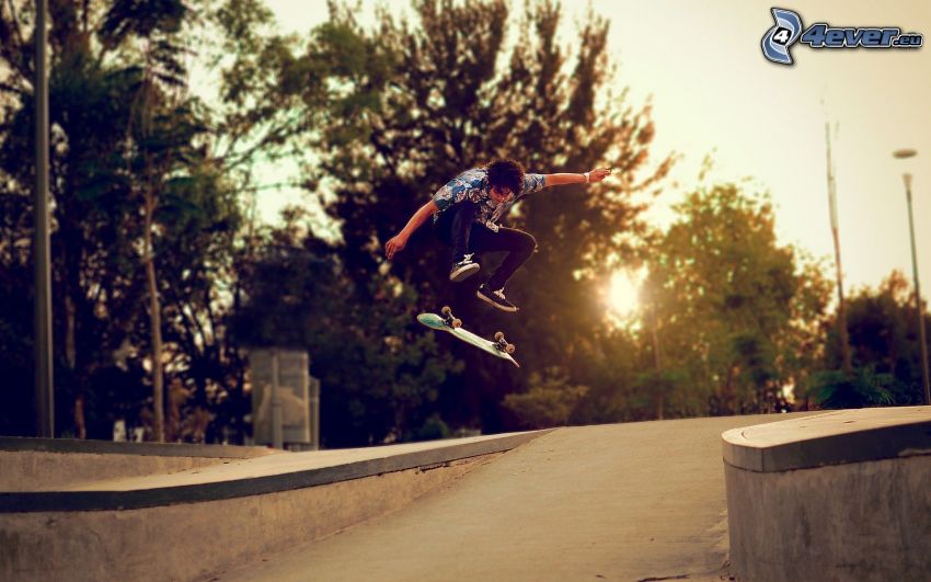 skateboard, skok, zachód słońca, ulica