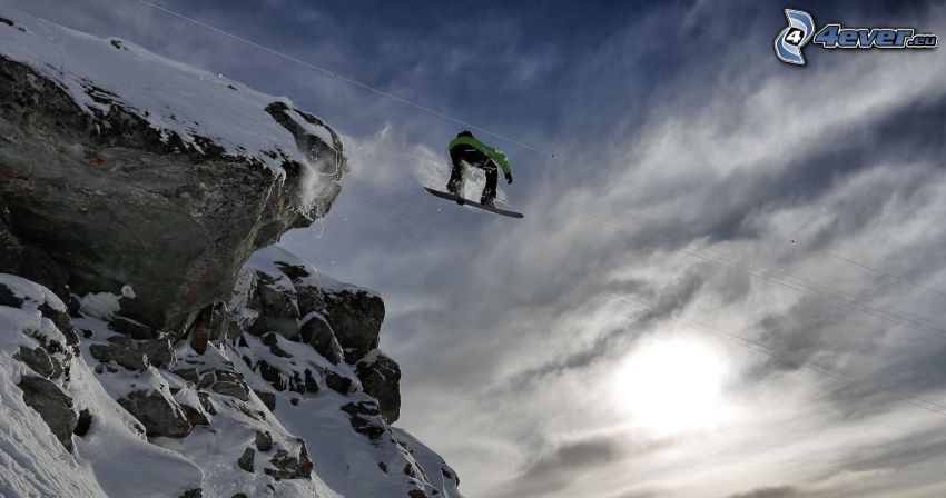 snowboarding, skok, skały, śnieg