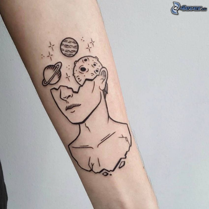 tatuaż, głowa, planety