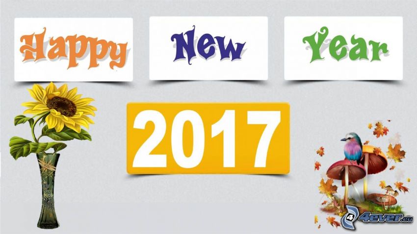 2017, Szczęśliwego Nowego Roku, happy new year, słonecznik, grzyby, ptaszek