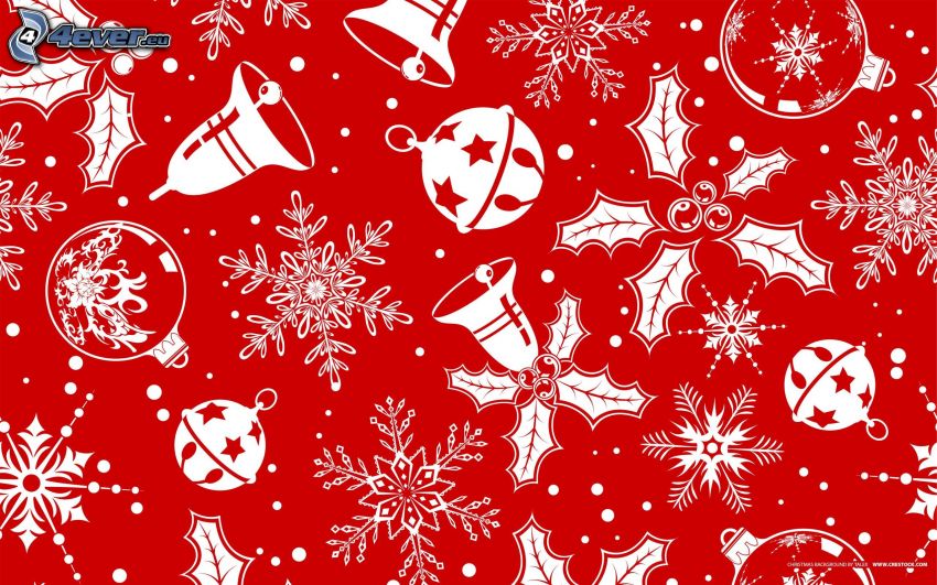 dzwoneczek świąteczny, bombki choinkowe, Jingle Bell, płatki śniegu, czerwone tło