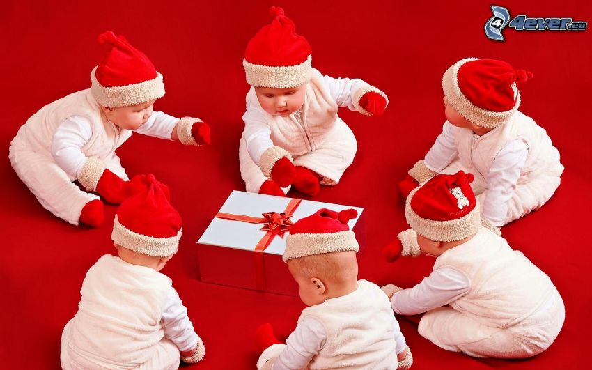 niemowlaki, czapka Świętego Mikołaja, prezent