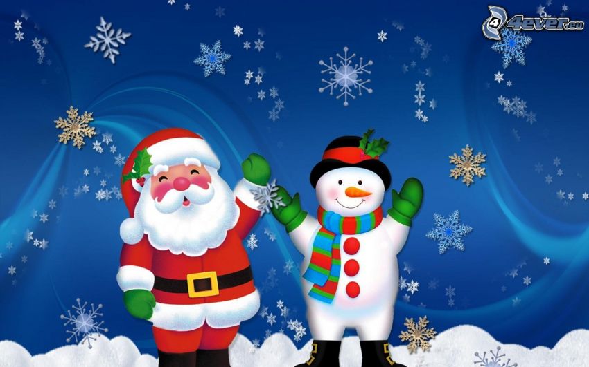 Santa Claus, bałwan, płatki śniegu, śnieg, rysowane