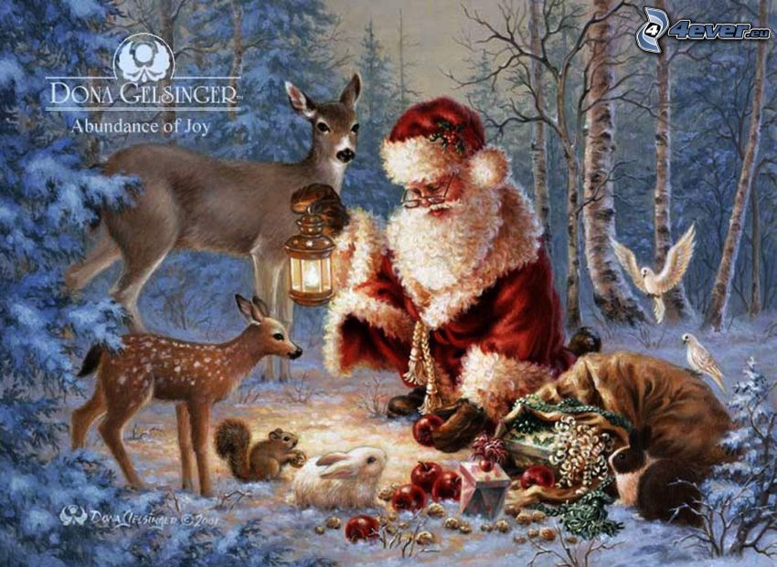 Święty Mikołaj, zwierzątka, las, prezenty
