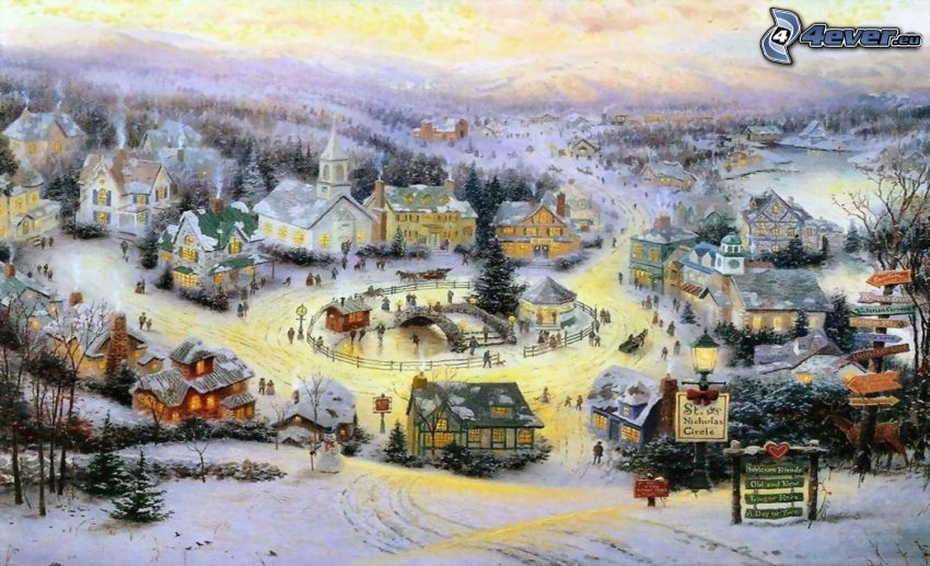 zaśnieżona wieś, plac, Thomas Kinkade