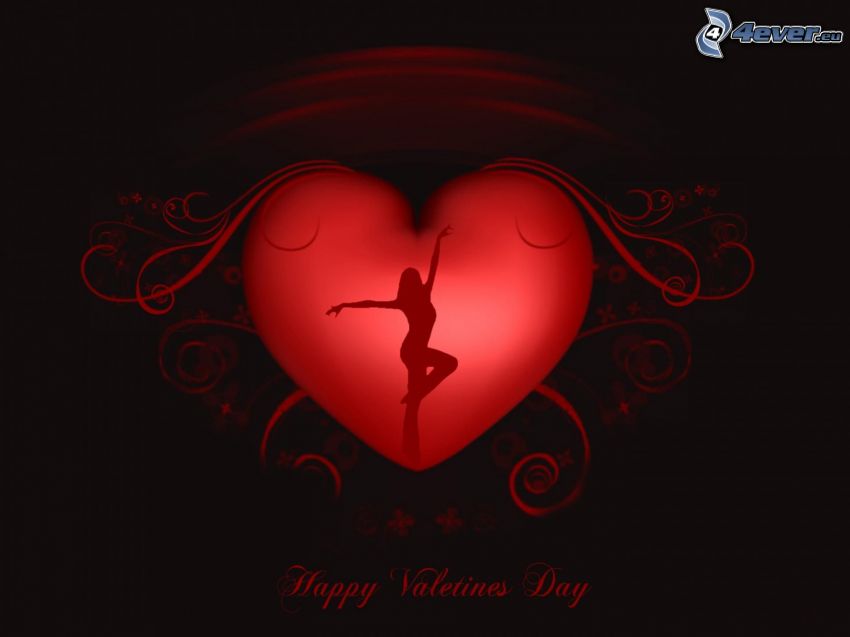 Happy Valentines Day, czerwone serduszko, sylwetka kobiety