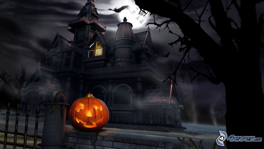 nawiedzony dom, Halloween dynie, noc, nietoperz, księżyc