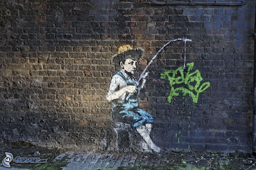 graffiti, chłopczyk, ściana