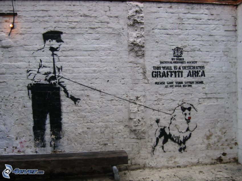 graffiti, policjant, pies