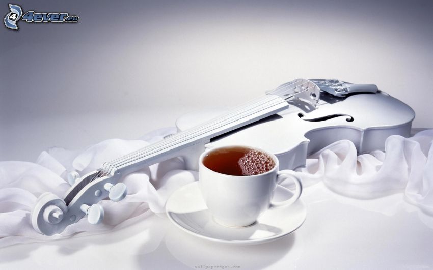 skrzypce, filiżanka herbaty