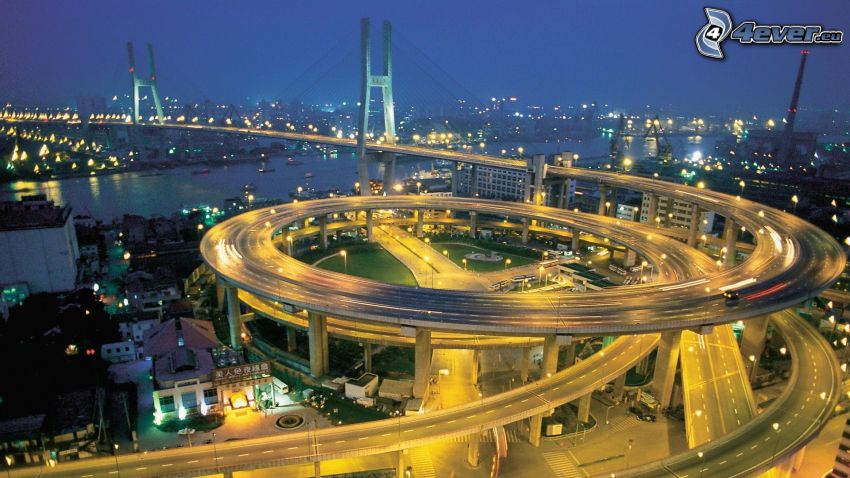 most na autostradzie, autostrada nocą, skrzyżowanie, Singapur