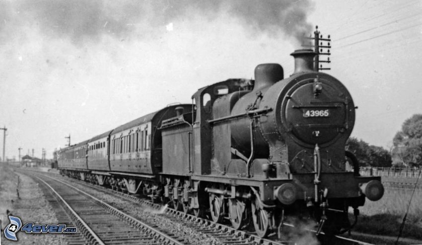 pociąg parowy, parowóz, czarno-białe zdjęcie, tory kolejowe