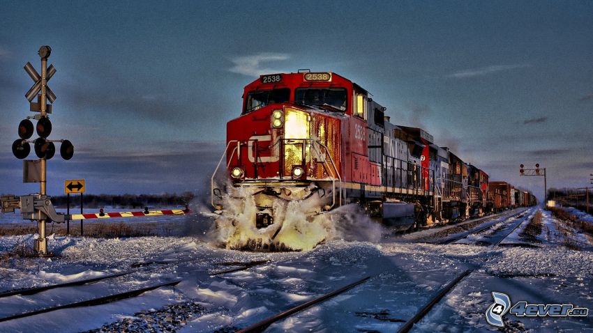 pociąg towarowy, przejazd kolejowy, śnieg, HDR