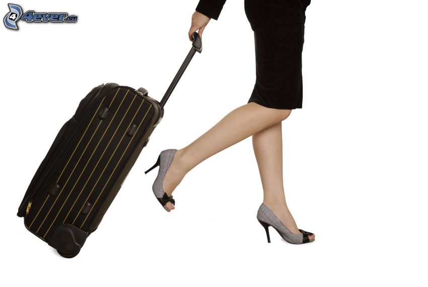 podróżowanie, walizka, kobieta, szpilki
