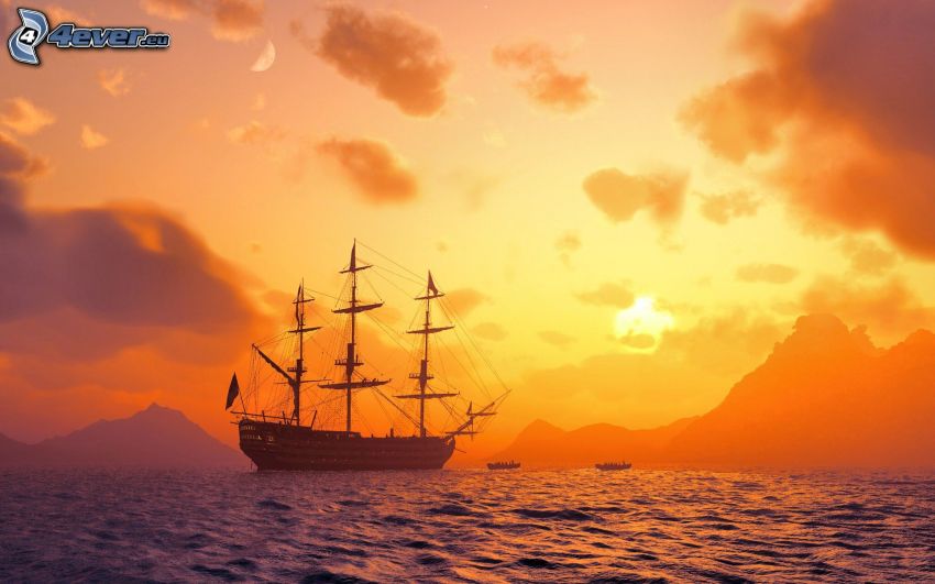 żaglowiec, statek, morze, pasmo górskie, pomarańczowy zachód słońca