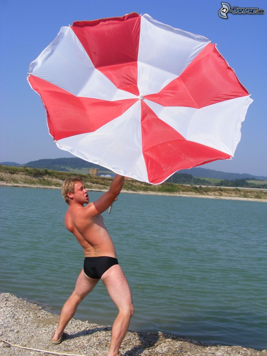 parasol przeciwsłoneczny, wiatr, mężczyzna, plaża