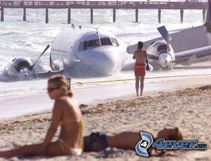 samolot, plaża, wypadek, upadek