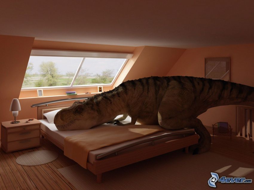 Tyrannosaurus, dinozaur, spanie, sypialnia