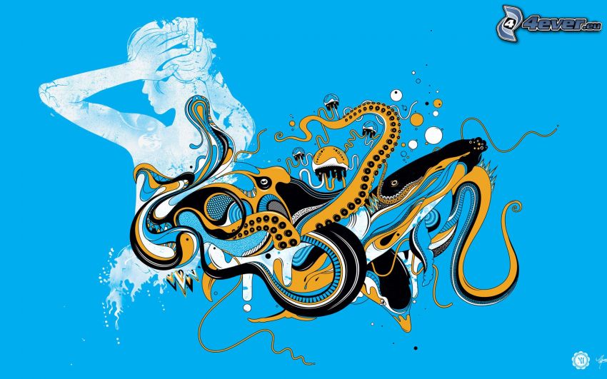 chobotnica, kreslené, silueta ženy