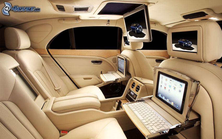 Bentley Mulsanne, interiér, notebook, obrazovky, sedadlá, luxus